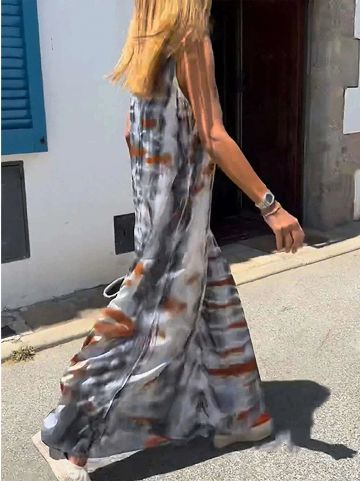 Side view of tie-dye maxi dress for women