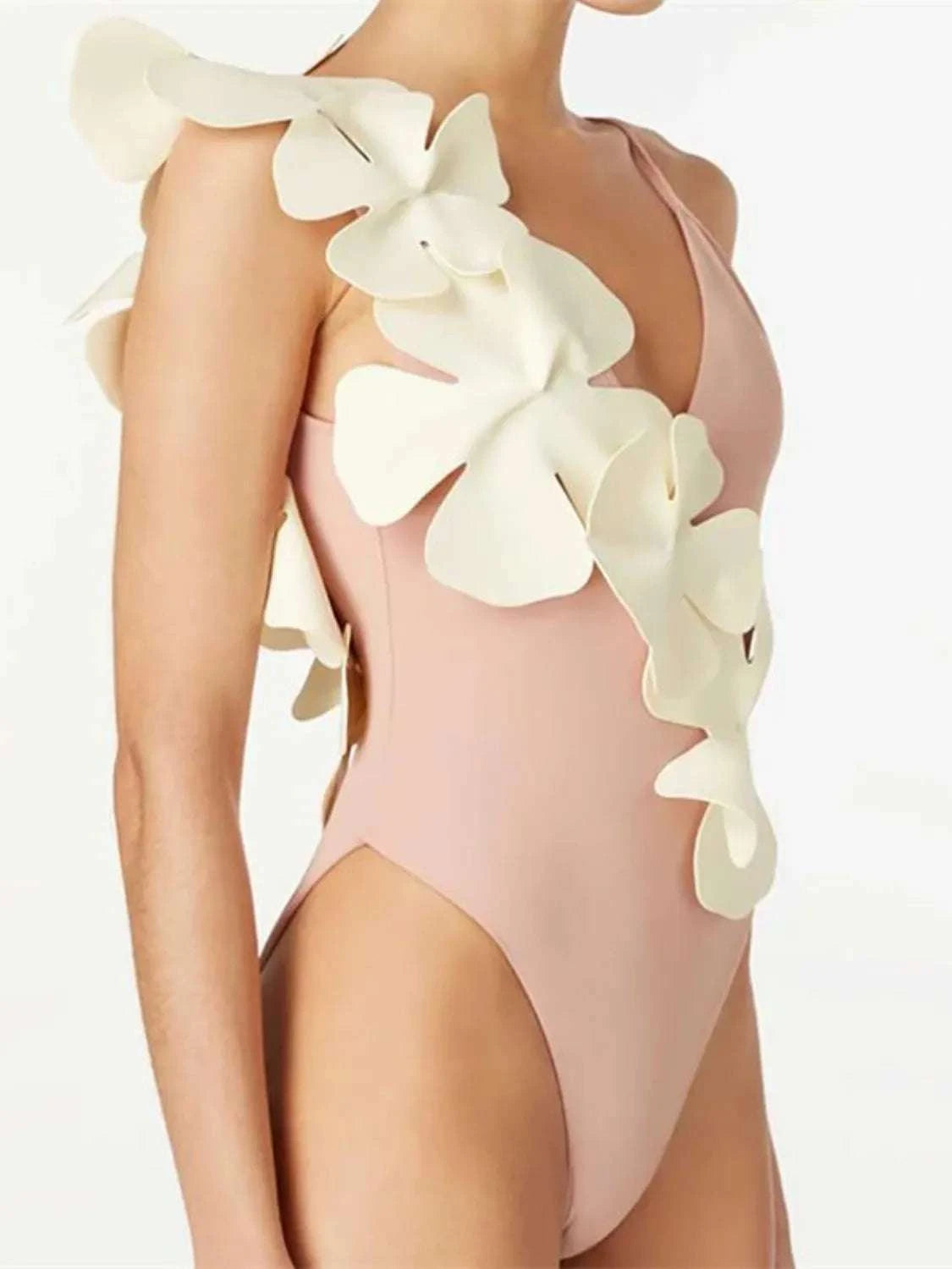 Side view women’s floral swimsuit with stretch fit