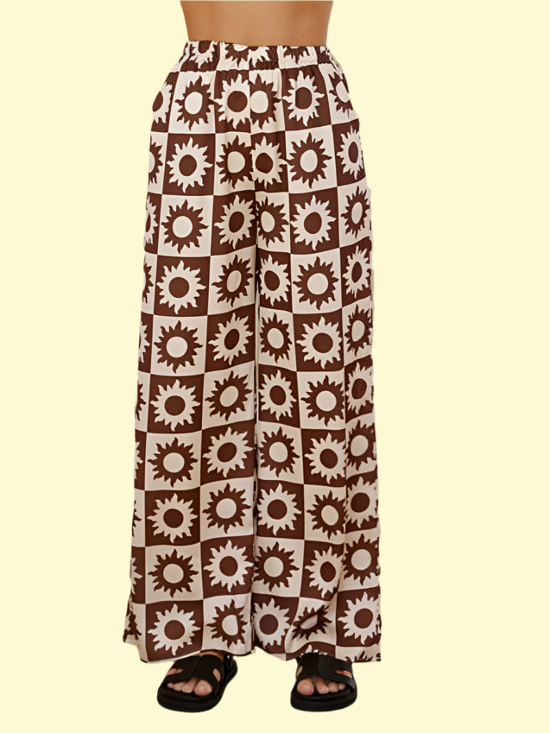 Sleek brown print outfit with collared top