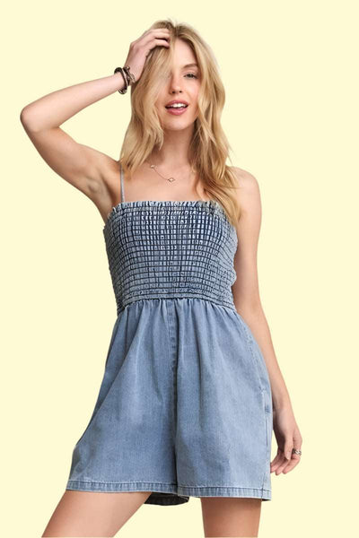 Smocked spaghetti strap denim romper for women 