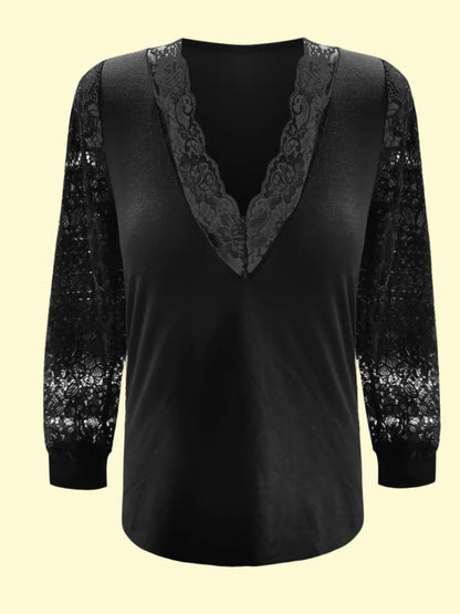 Sophisticated Women's Lace Detail V-Neck Top in Black