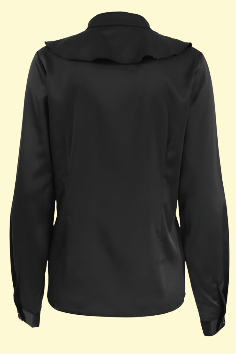 Sophisticated black notched collar ruffle blouse