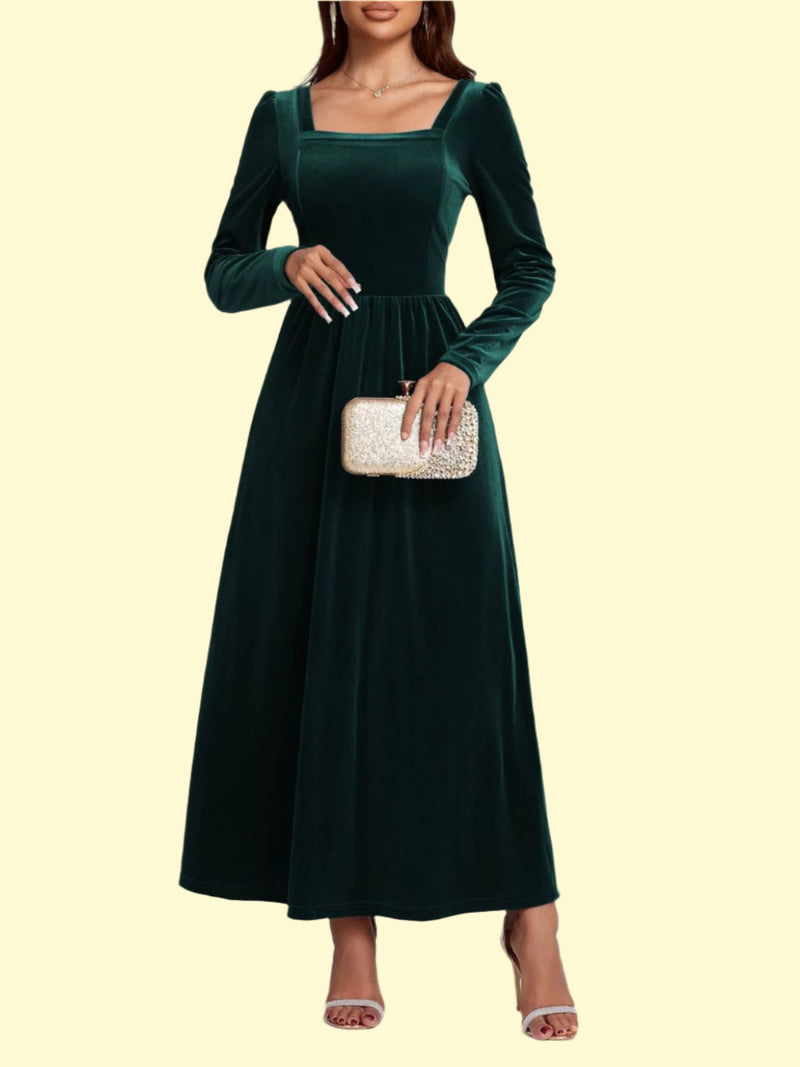 Square Neck Velvet Dress in Green for Formal Nights