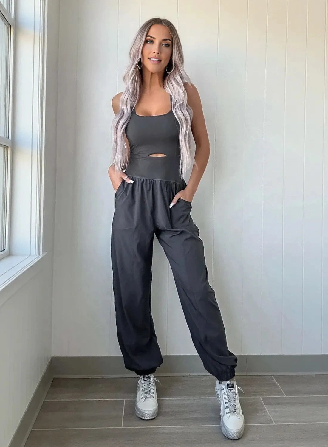 Square neck cutout active jumpsuit for women in dark gray