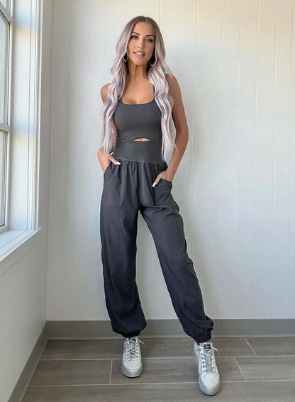 Square neck cutout active jumpsuit for women in dark gray