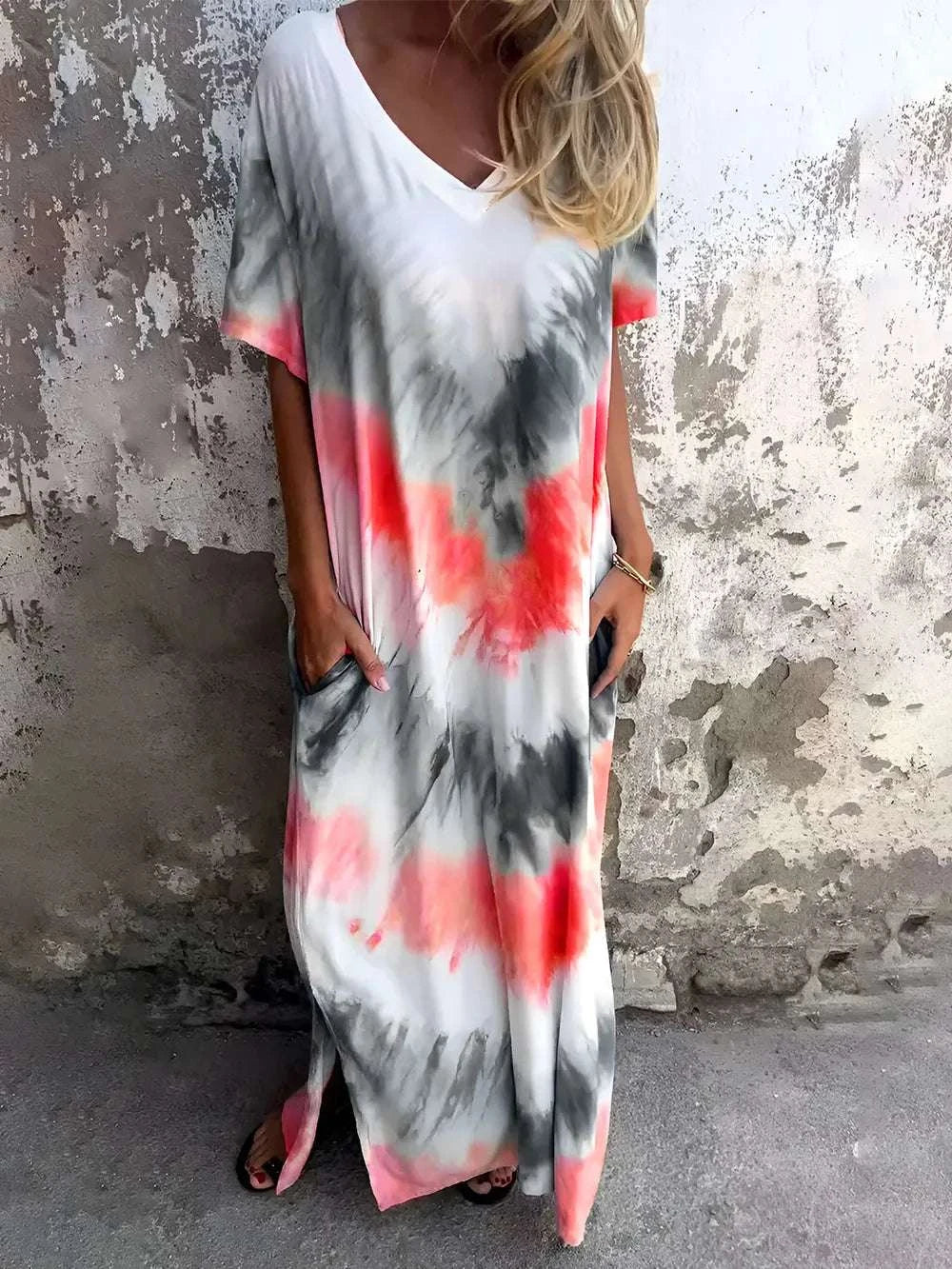 Strawberry color tie dye short sleeve women dress