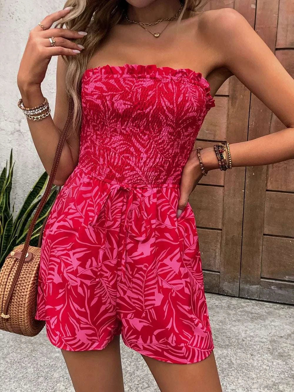 Strawberry print smocked romper for casual women wear