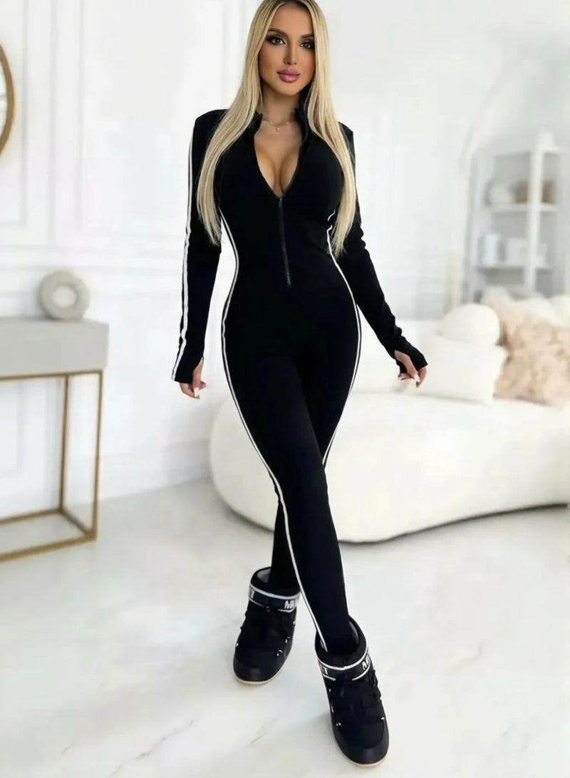 Stripe zip-front long sleeve jumpsuit for women by WestCloset