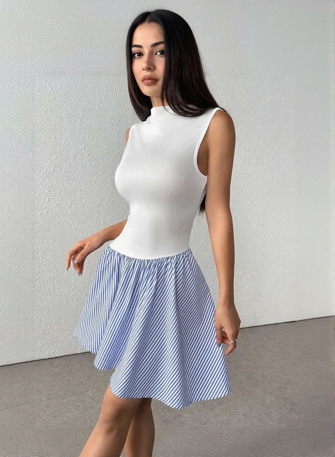 Striped mock neck sleeveless mini dress for women by WestCloset