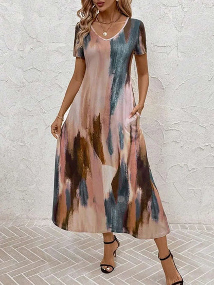 Taupe tie-dye casual midi dress women