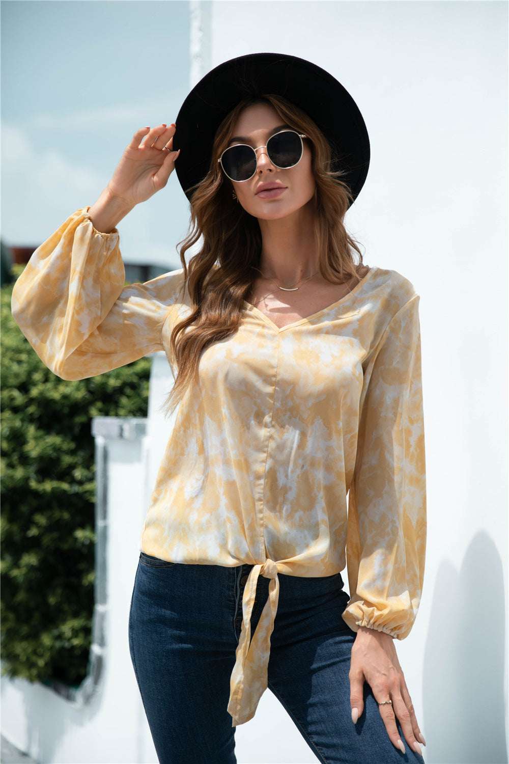 Tie dye balloon sleeve blouse for women in light yellow