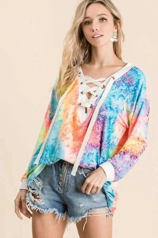 Tie dye deep V-neck lace up front top for women by WestCloset