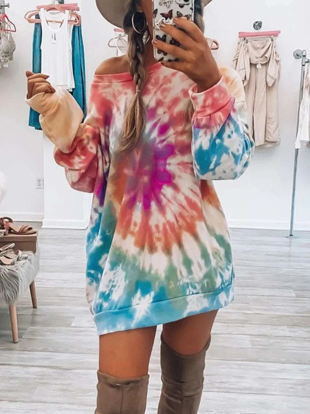 Tie dye long sleeve dress for women by WestCloset front view