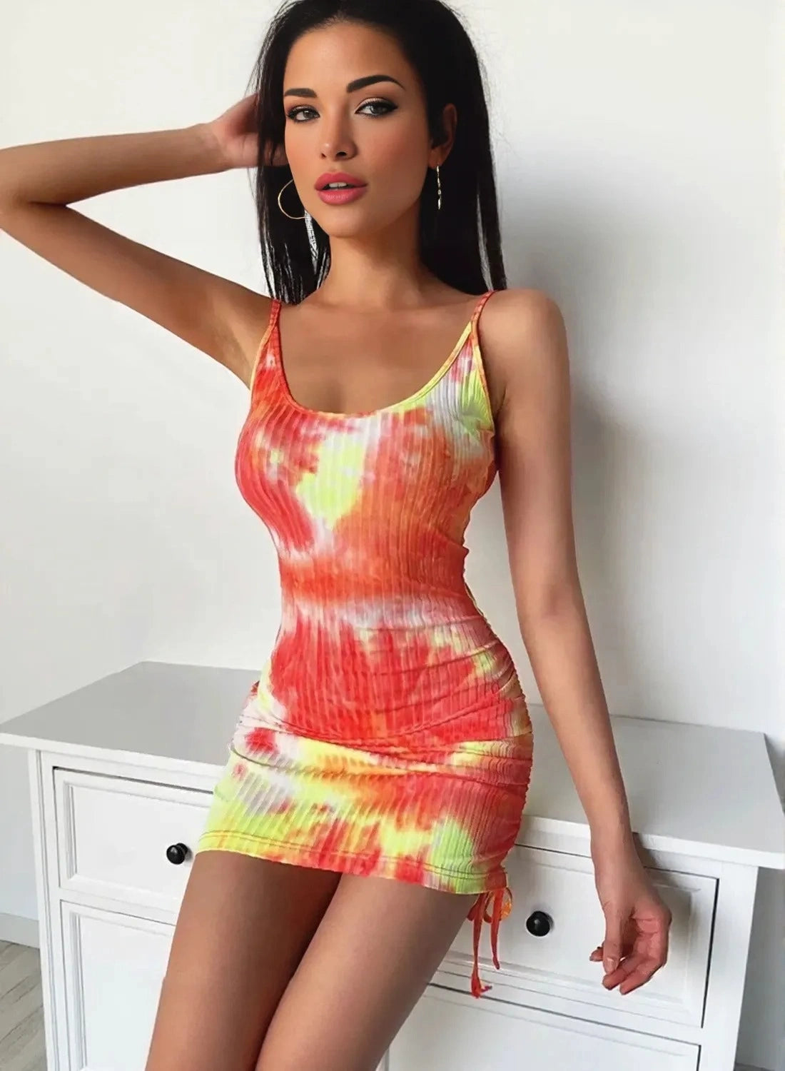 Tie dye ribbed mini dress for women in coral by WestCloset