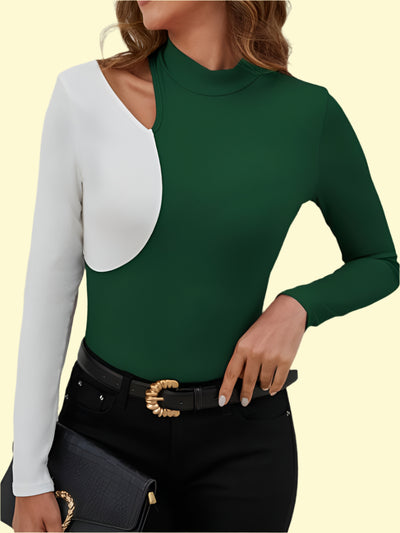 Trendy long sleeve cutout top in dark green