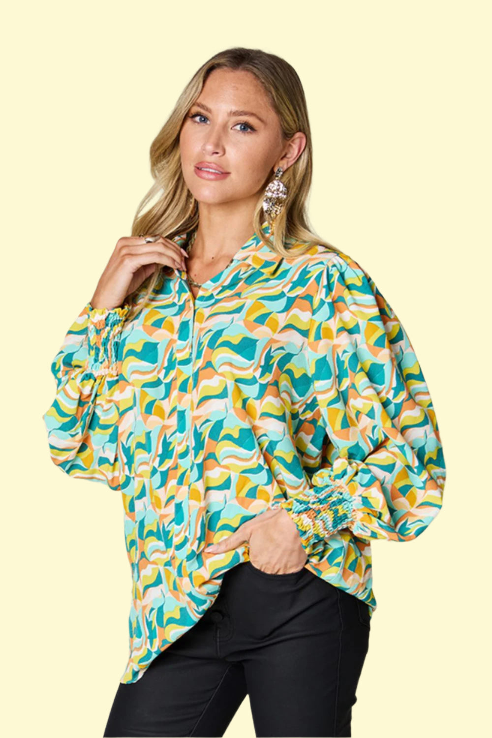 Turquoise smocked long sleeve blouse for women