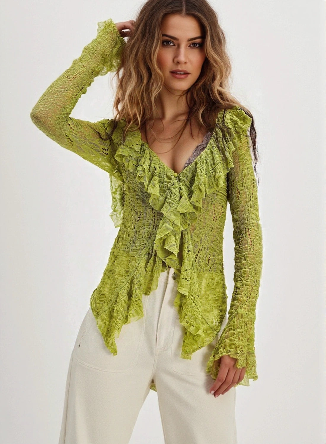 V-neck lace blouse for women in lime color