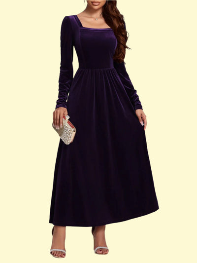 Violet Velvet Square Neck Dress for Evening Parties