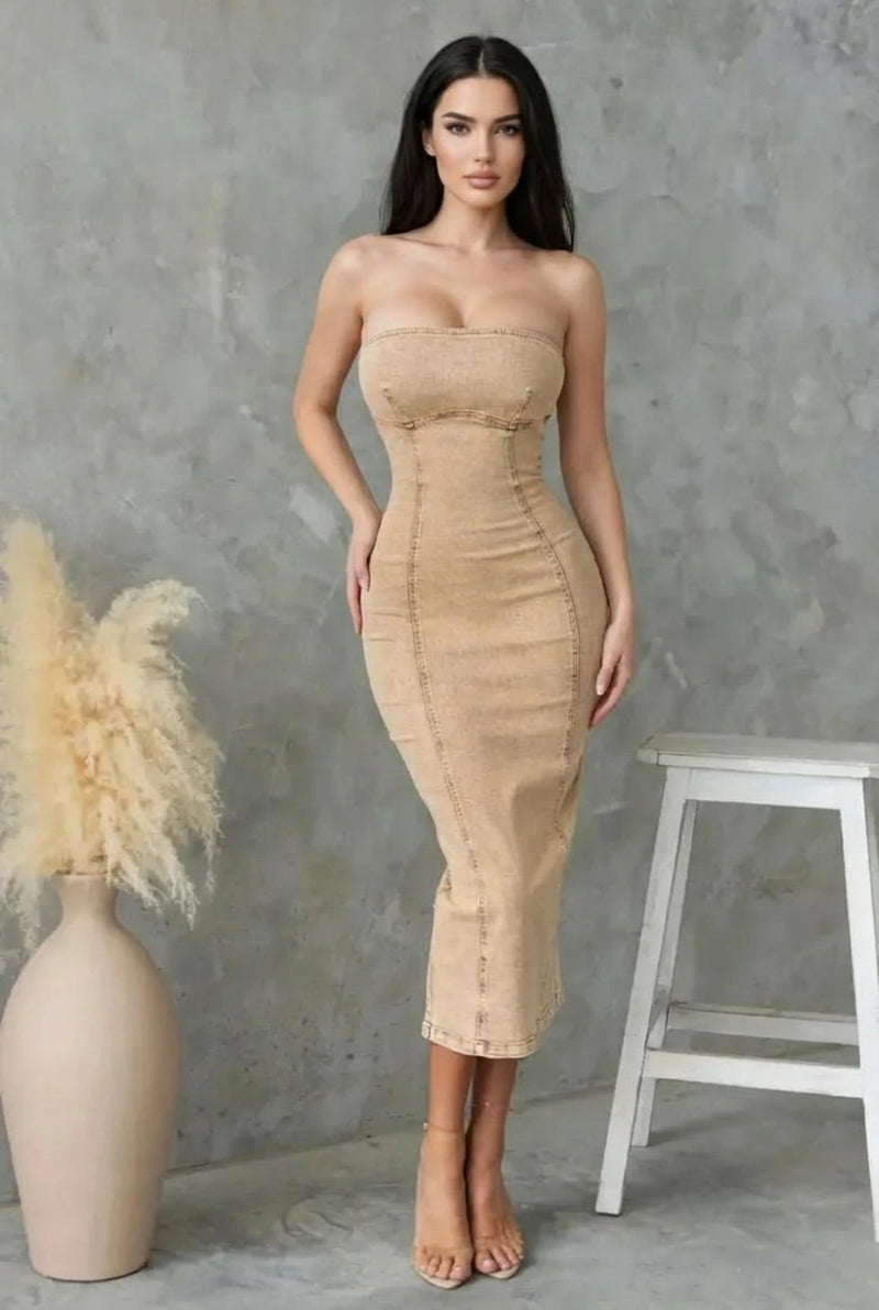 Washed tube denim dress for women in tan color by WestCloset