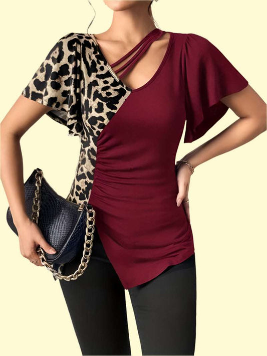 WestCloset ruched leopard flutter sleeve T-shirt 