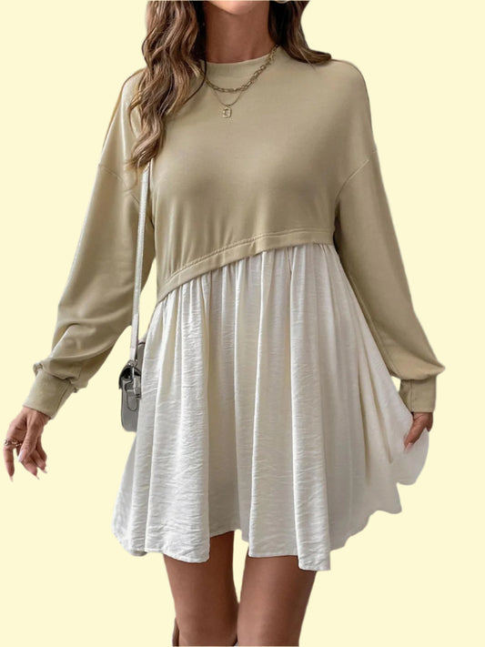 WestCloset Contrast Round Neck Ruched Mini Dress