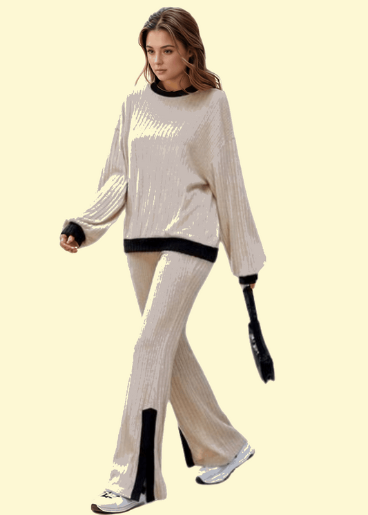 WestCloset Contrast Round Neck Two-Piece Set