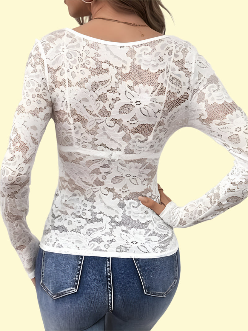 WestCloset feminine sheer lace V-neck blouse