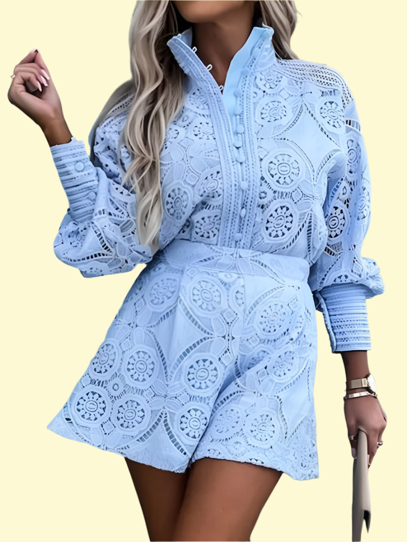 WestCloset light blue lace lantern sleeve co-ord set