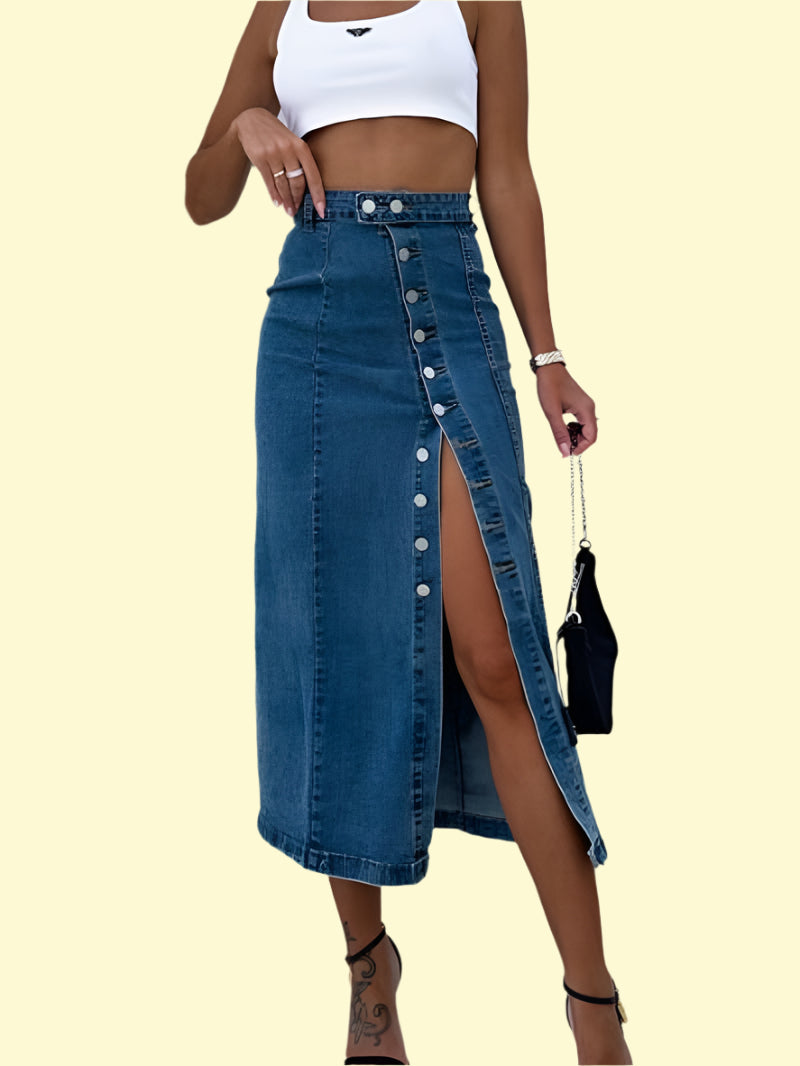 WestCloset navy button-up slit denim midi skirt