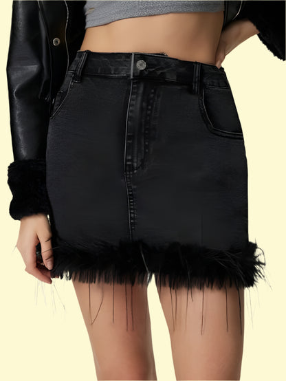 WestCloset plush hem black denim mini skirt