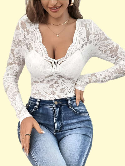 WestCloset white lace V-neck long sleeve top