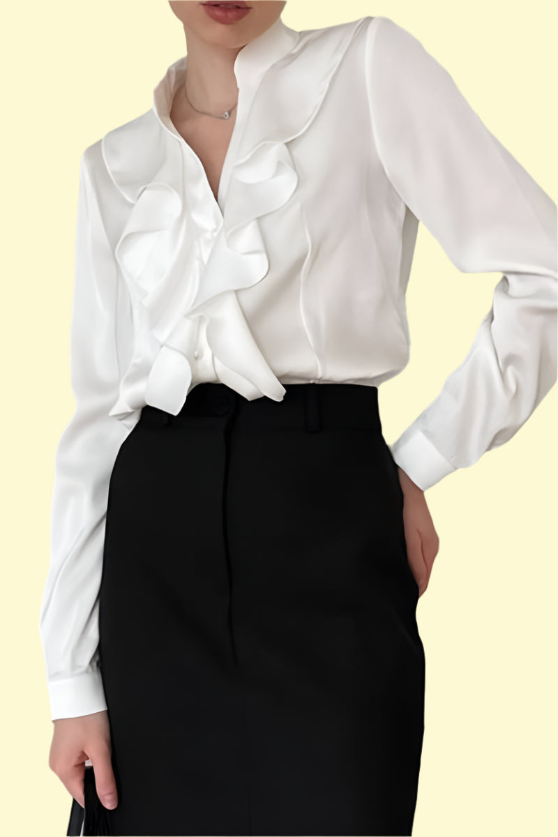 WestCloset white ruffled notched long sleeve shirt