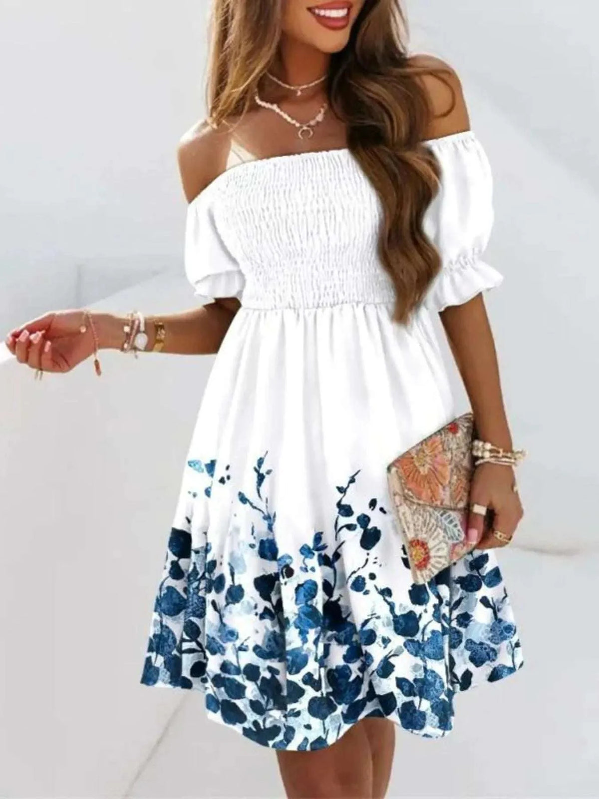 White blue floral off shoulder dress women day wear