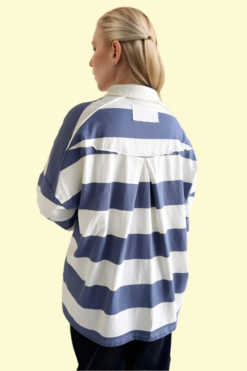 Wide striped button-up blouse for women