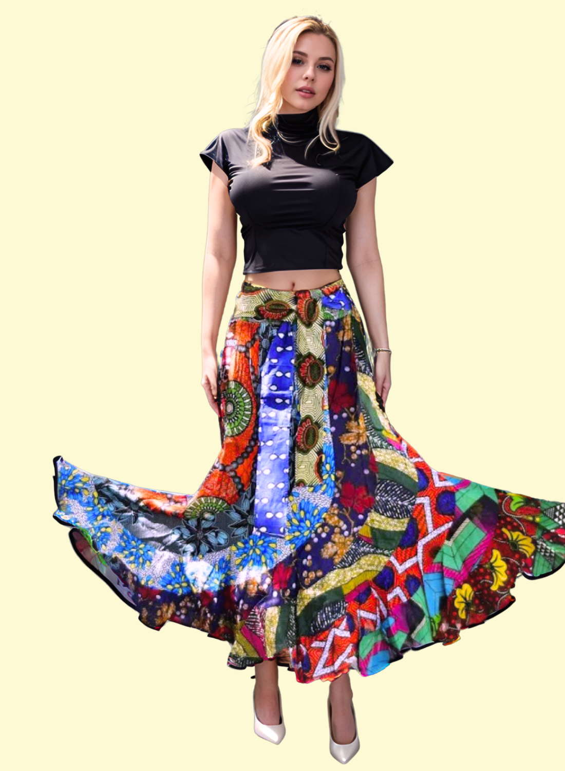 Woman wearing African handmade patchwork tiered skirt with matching head scarf