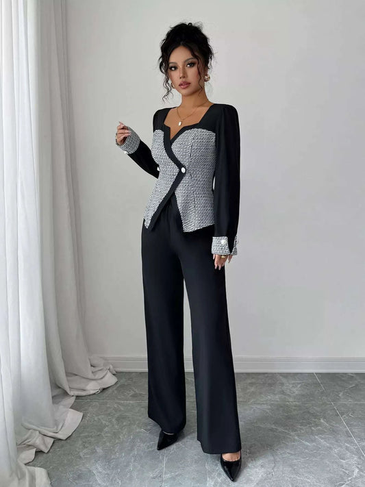Women long sleeve co-ord set with wide leg pants in black