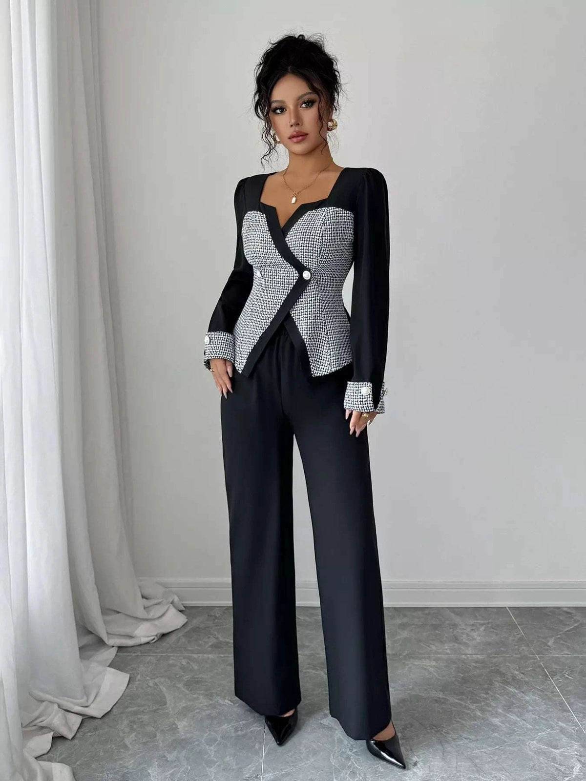 Women matching set outfit with buttoned long sleeve top