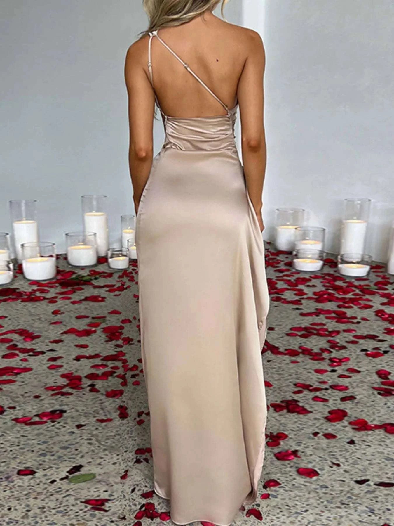 Women’s one shoulder satin dress back view