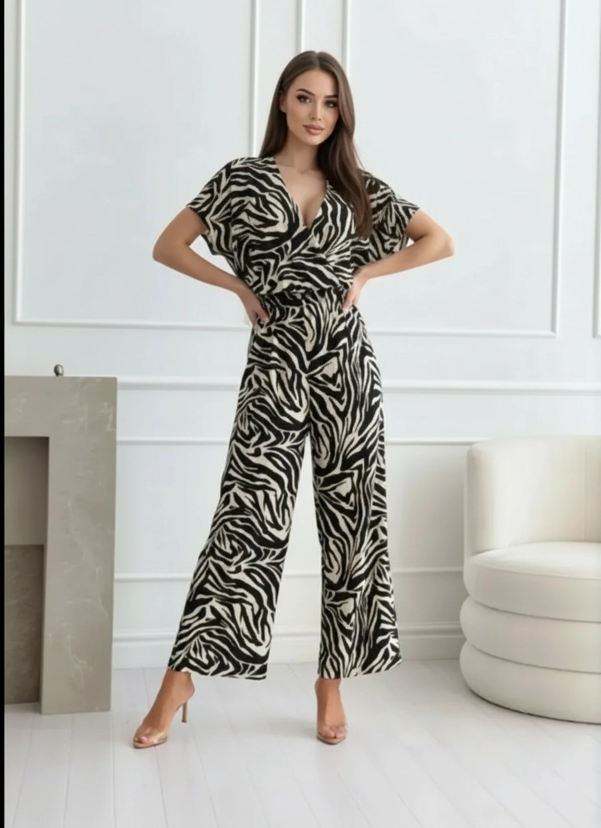 Women’s animal print wide leg jumpsuit front view