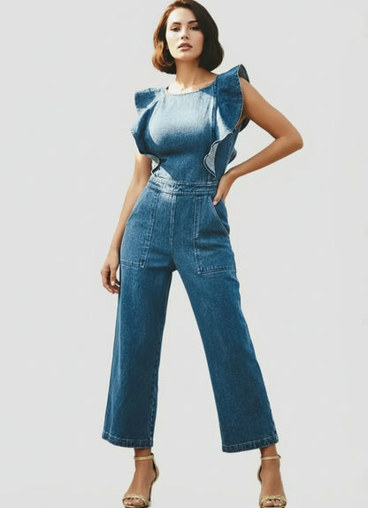 Women’s backless denim jumpsuit front view