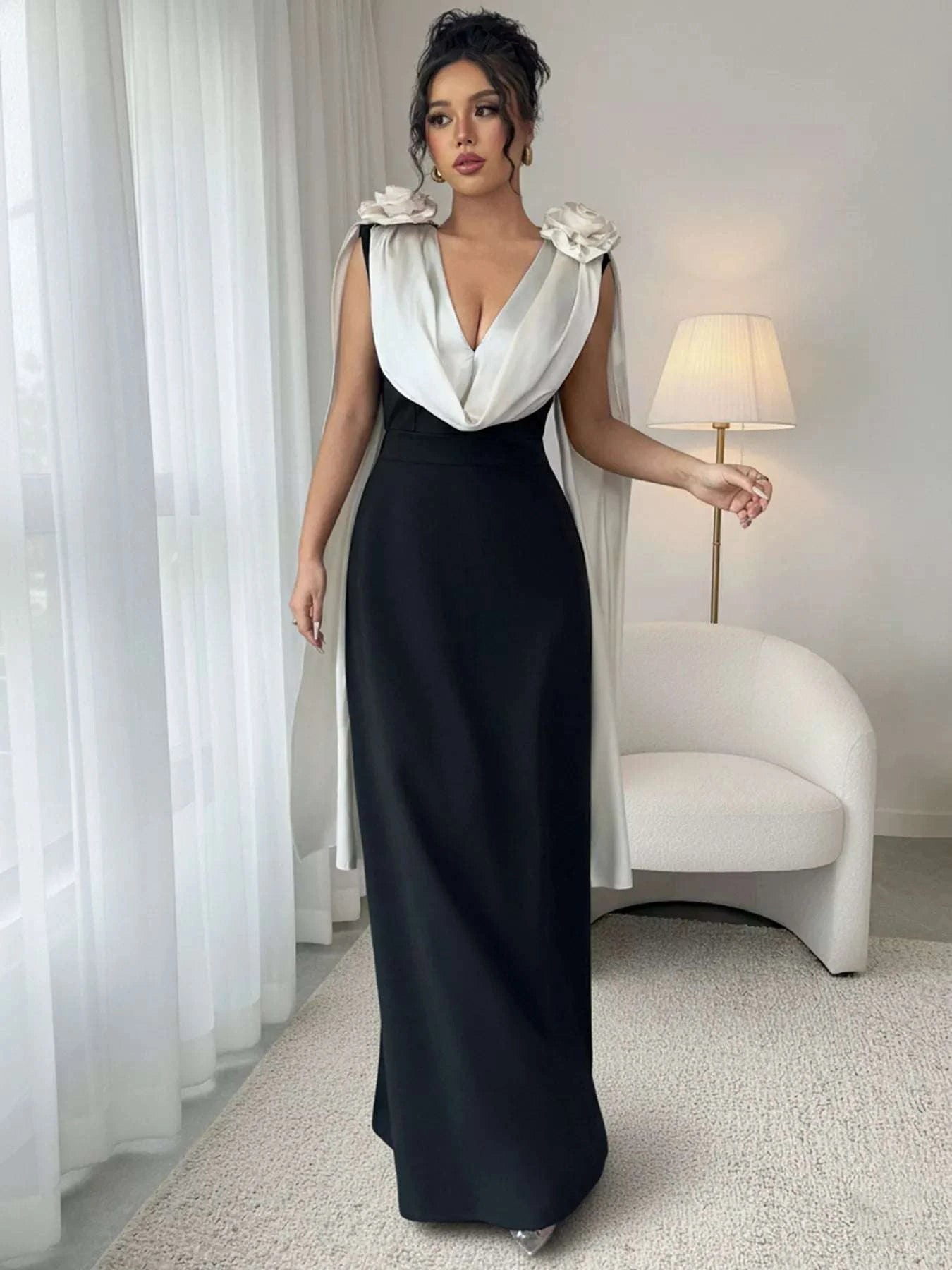 Women’s black floral applique maxi dress front view