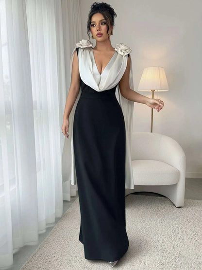 Women’s black floral applique maxi dress front view