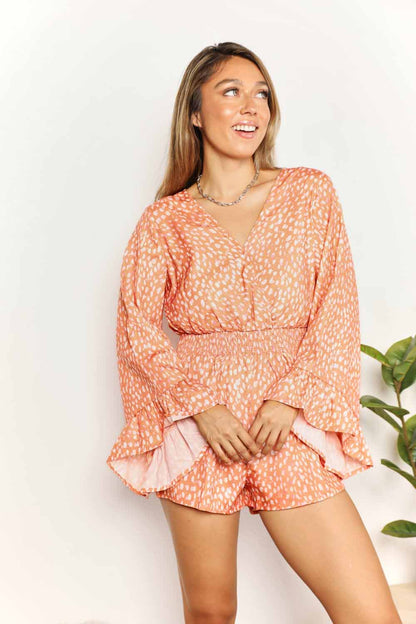 Women’s chic printed romper with surplice neckline front view