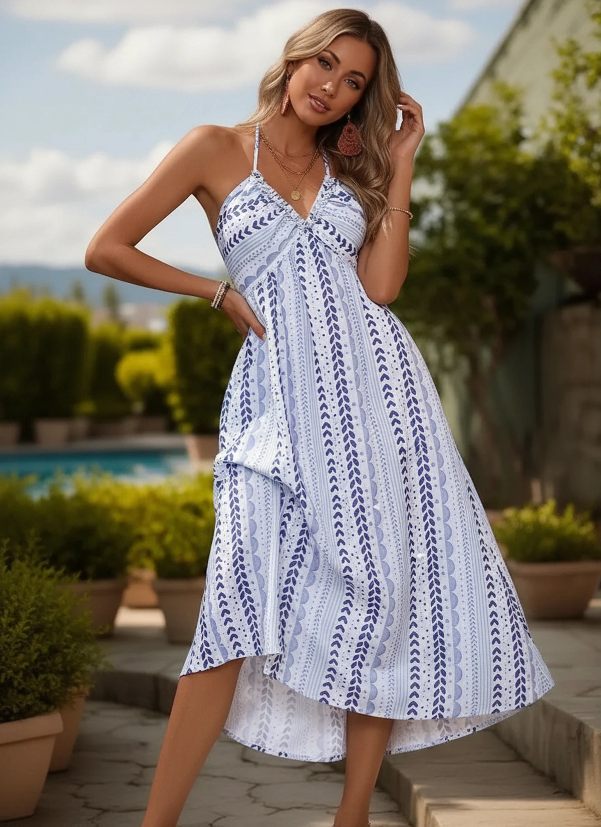 Women’s halter neck sleeveless midi dress in printed design