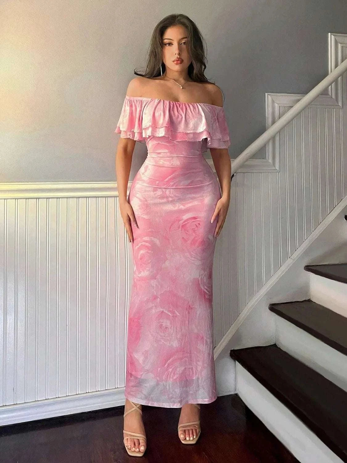 Women’s off-shoulder layered ruffled party dress front view