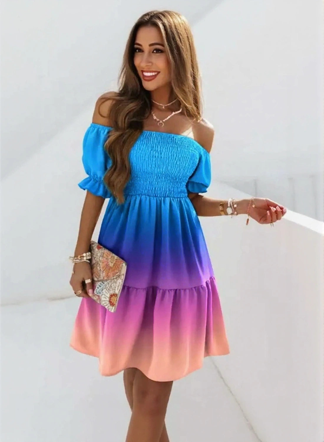 Women’s off shoulder smocked summer dress by WestCloset front view