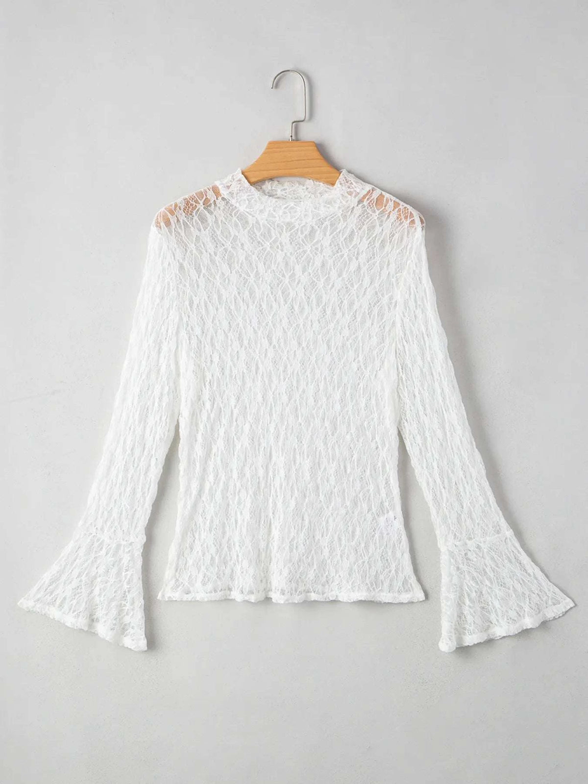 Women’s sheer lace mock neck blouse front view