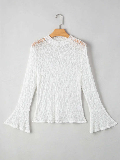 Women’s sheer lace mock neck blouse front view