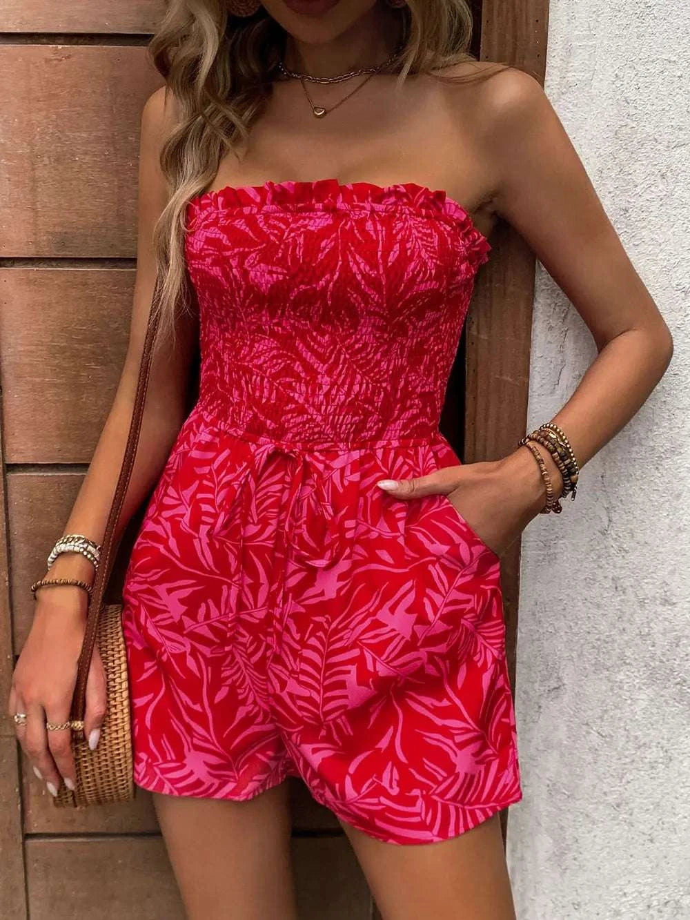 Women’s strapless summer romper with pockets, strawberry color