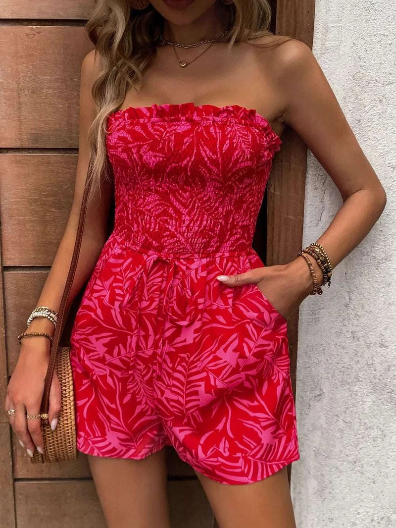Women’s strapless summer romper with pockets, strawberry color